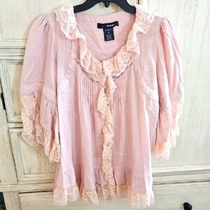 Blush Pink Ruffled Blouse with Lace Ruffled Collar